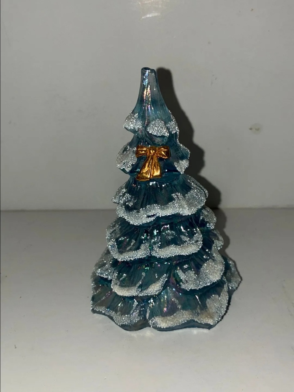 Vintage Fenton Blue Iridescent Christmas Tree with Gold Bow